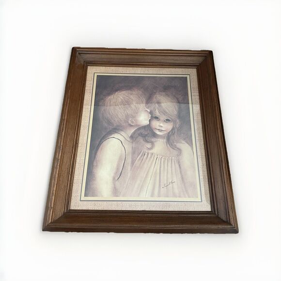Margaret Keane A Little Kiss Big Eyes Boy Girl Framed MCM Vintage Art - Picture 2 of 16
